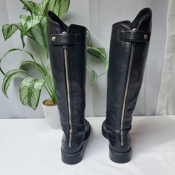 Gucci Black Leather Knee High Boots Low Heel Riding Boots Size 36.5 - Picture 5 of 14